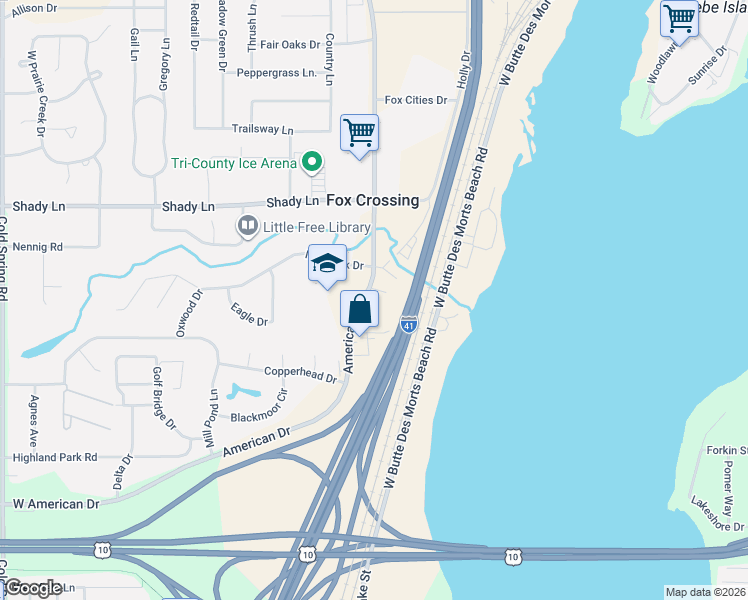 map of restaurants, bars, coffee shops, grocery stores, and more near 555 Wick Court in Neenah