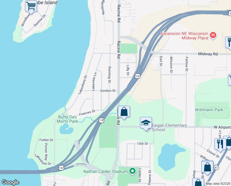 map of restaurants, bars, coffee shops, grocery stores, and more near 1338 Racine Road in Menasha