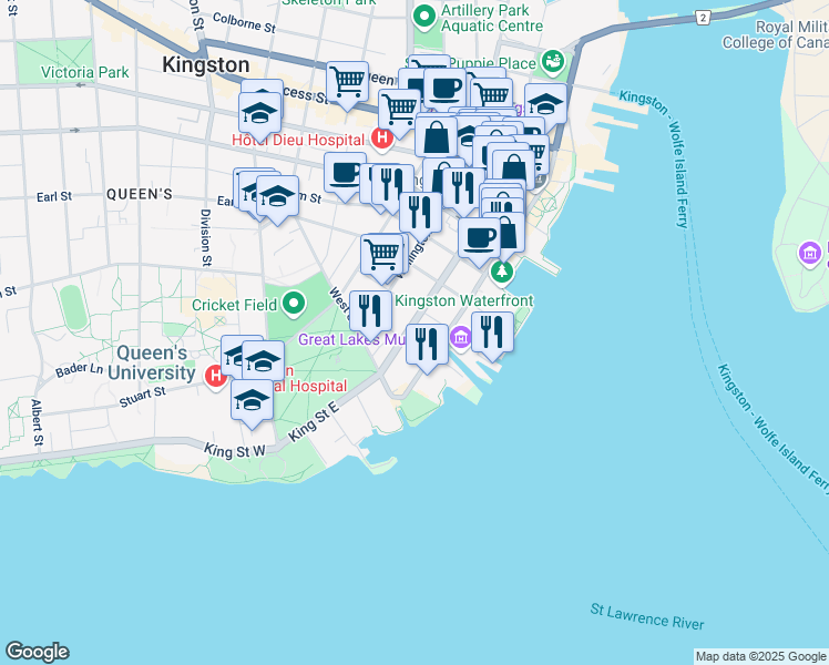 map of restaurants, bars, coffee shops, grocery stores, and more near 165 King Street East in Kingston
