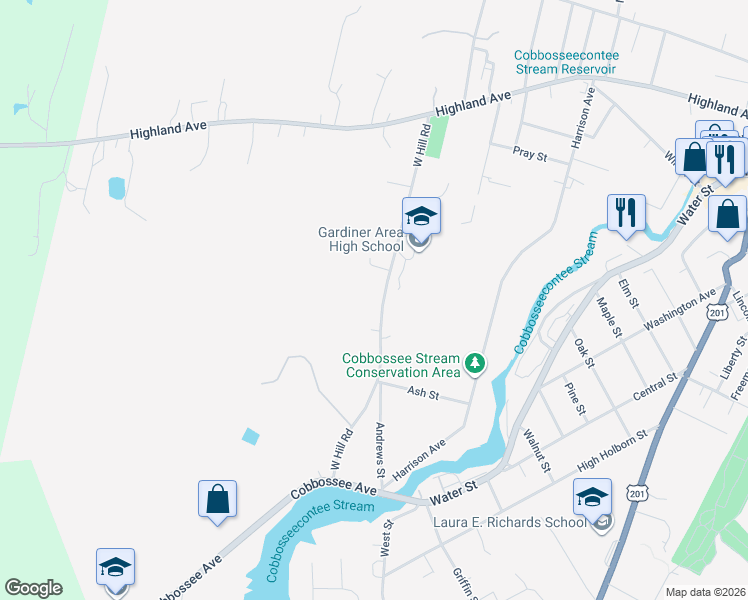 map of restaurants, bars, coffee shops, grocery stores, and more near 129 West Hill Road in Gardiner