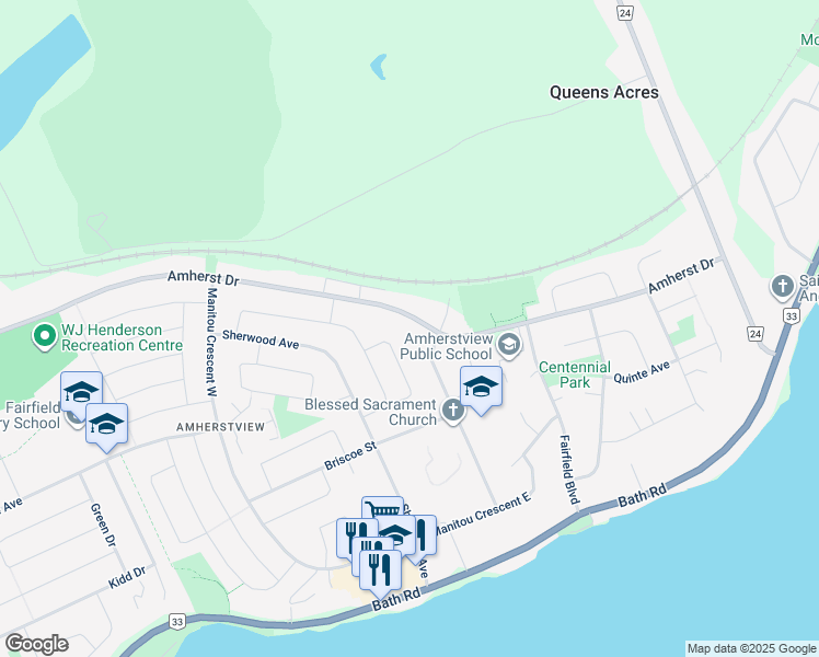 map of restaurants, bars, coffee shops, grocery stores, and more near 43 Bakers Lane in Lennox and Addington County