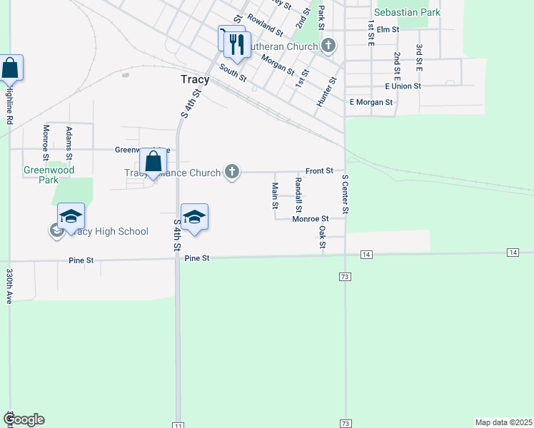 map of restaurants, bars, coffee shops, grocery stores, and more near 741 Main Street in Tracy