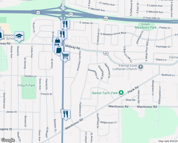 map of restaurants, bars, coffee shops, grocery stores, and more near 2003 Sweetbriar Lane in Menasha