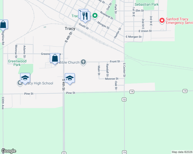 map of restaurants, bars, coffee shops, grocery stores, and more near 741 Main Street in Tracy