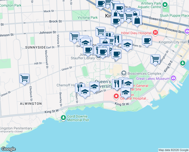 map of restaurants, bars, coffee shops, grocery stores, and more near 99 University Avenue in Kingston