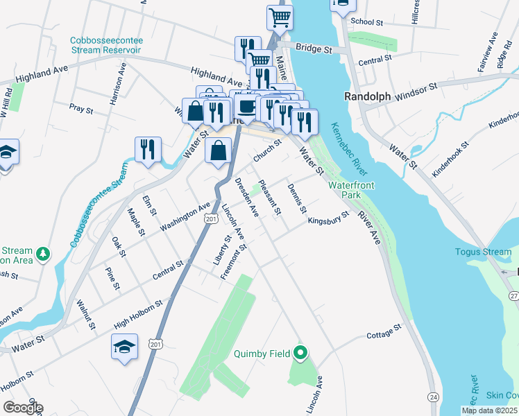 map of restaurants, bars, coffee shops, grocery stores, and more near 35 Dresden Avenue in Gardiner