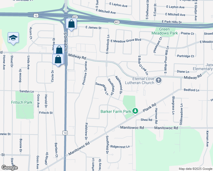 map of restaurants, bars, coffee shops, grocery stores, and more near 2060 Sweetbriar Lane in Menasha