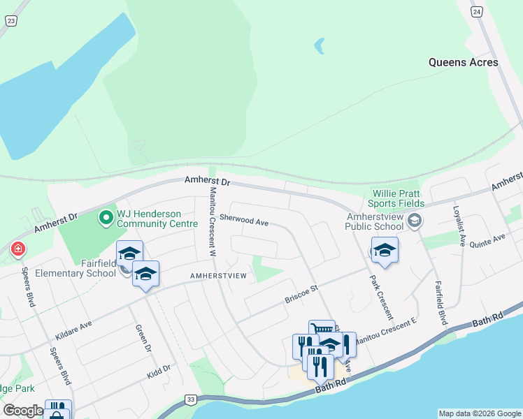 map of restaurants, bars, coffee shops, grocery stores, and more near 86 Chesterfield Drive in Loyalist