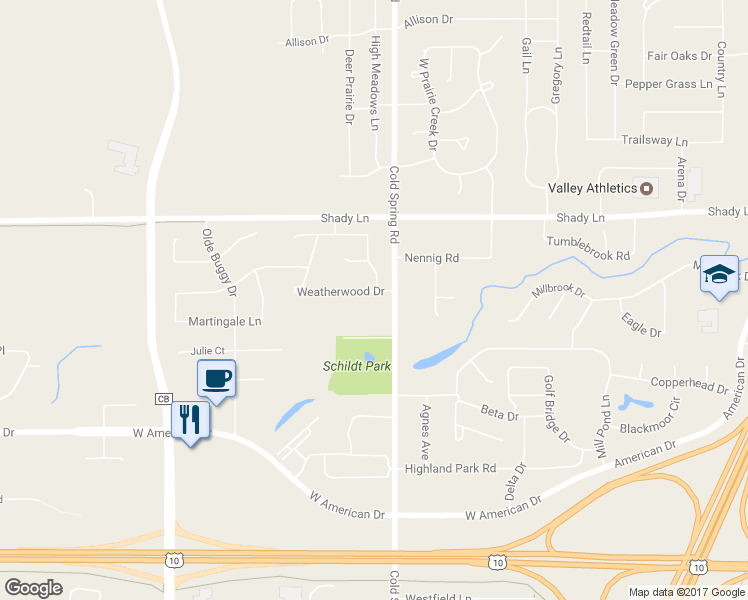 map of restaurants, bars, coffee shops, grocery stores, and more near 1127 Weatherwood Drive in Neenah