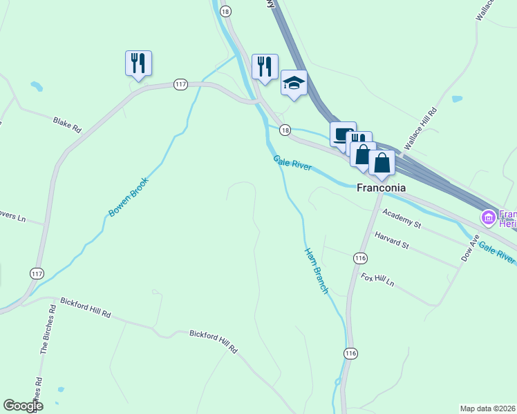 map of restaurants, bars, coffee shops, grocery stores, and more near 362 Iron Foundry Road in Franconia