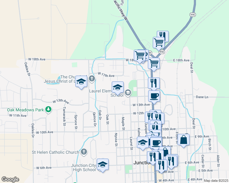 map of restaurants, bars, coffee shops, grocery stores, and more near 1401 Laurel Street in Junction City