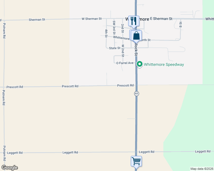 map of restaurants, bars, coffee shops, grocery stores, and more near 7113 Prescott Road in Whittemore