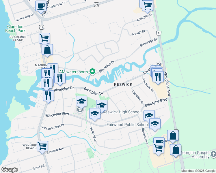 map of restaurants, bars, coffee shops, grocery stores, and more near 84 Riverglen Drive in Georgina