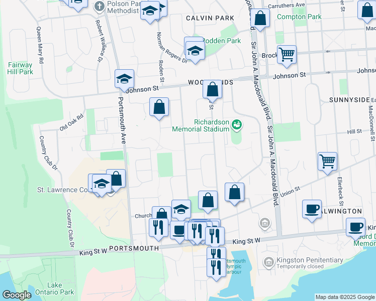 map of restaurants, bars, coffee shops, grocery stores, and more near 285 Mowat Avenue in Kingston