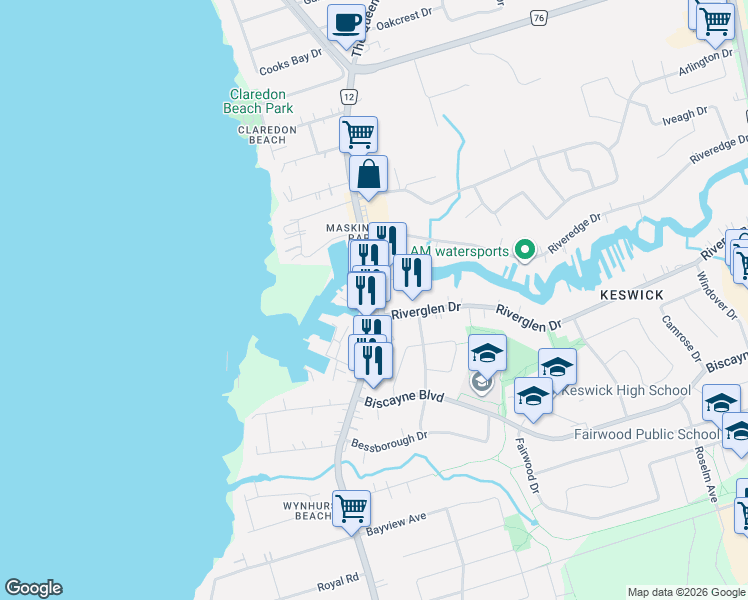 map of restaurants, bars, coffee shops, grocery stores, and more near 260 The Queensway South in Georgina