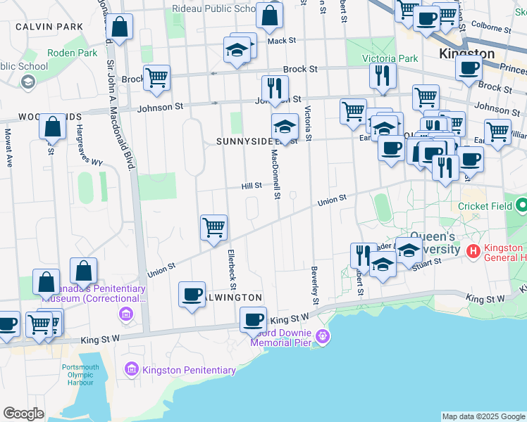 map of restaurants, bars, coffee shops, grocery stores, and more near 25 Hillcroft Drive in Kingston