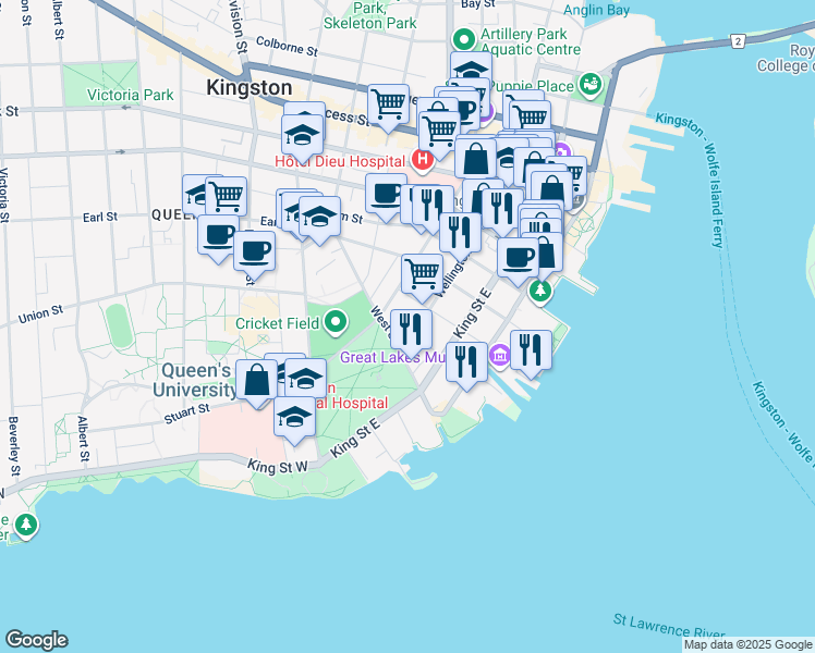 map of restaurants, bars, coffee shops, grocery stores, and more near 55 West Street in Kingston