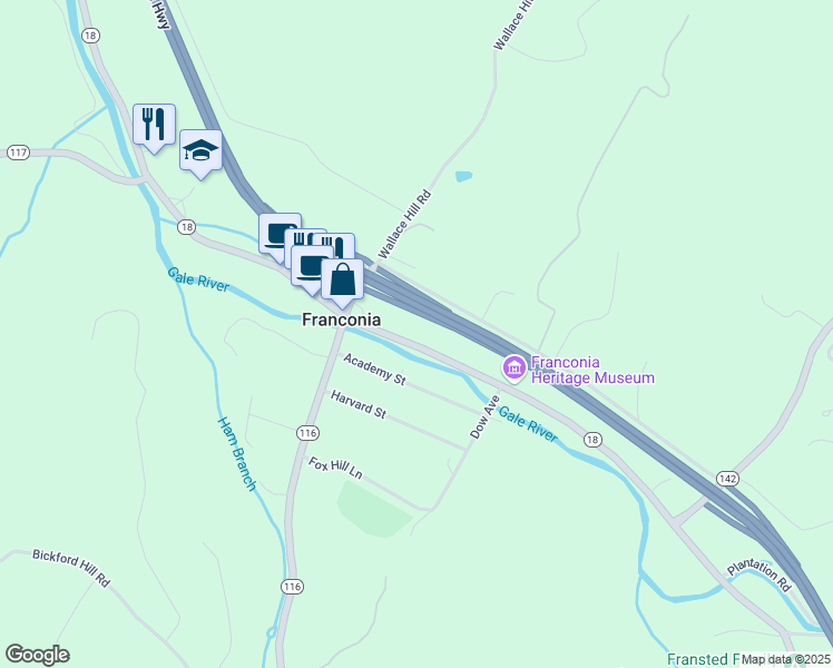 map of restaurants, bars, coffee shops, grocery stores, and more near 439 Main Street in Franconia