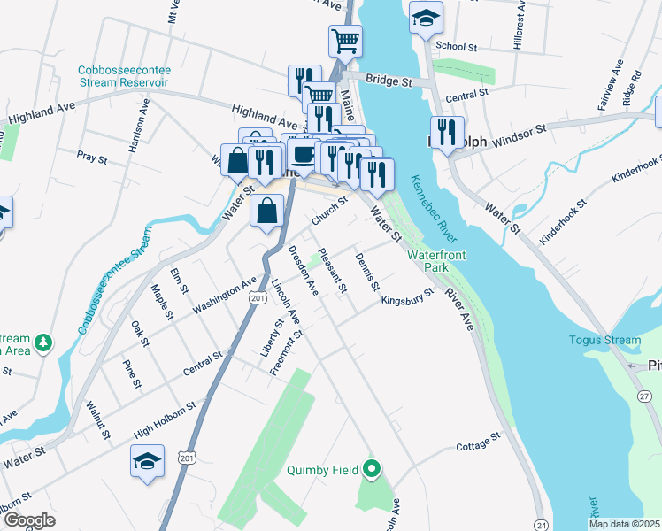 map of restaurants, bars, coffee shops, grocery stores, and more near 57 School Street in Gardiner