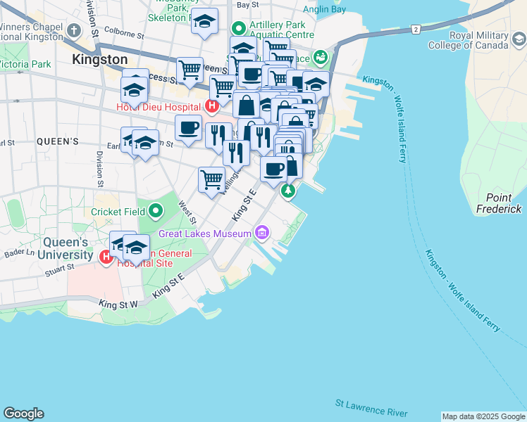 map of restaurants, bars, coffee shops, grocery stores, and more near 106 Ontario Street in Kingston