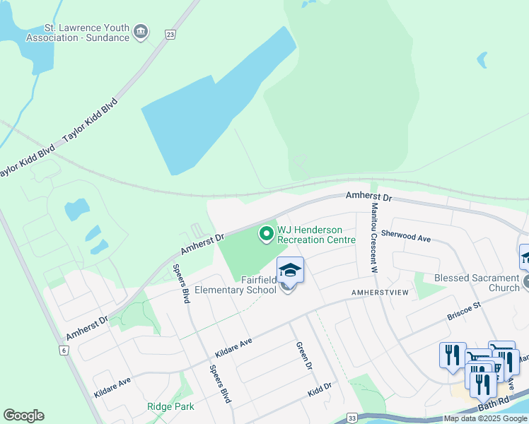map of restaurants, bars, coffee shops, grocery stores, and more near 335 Amherst Drive in Lennox and Addington County
