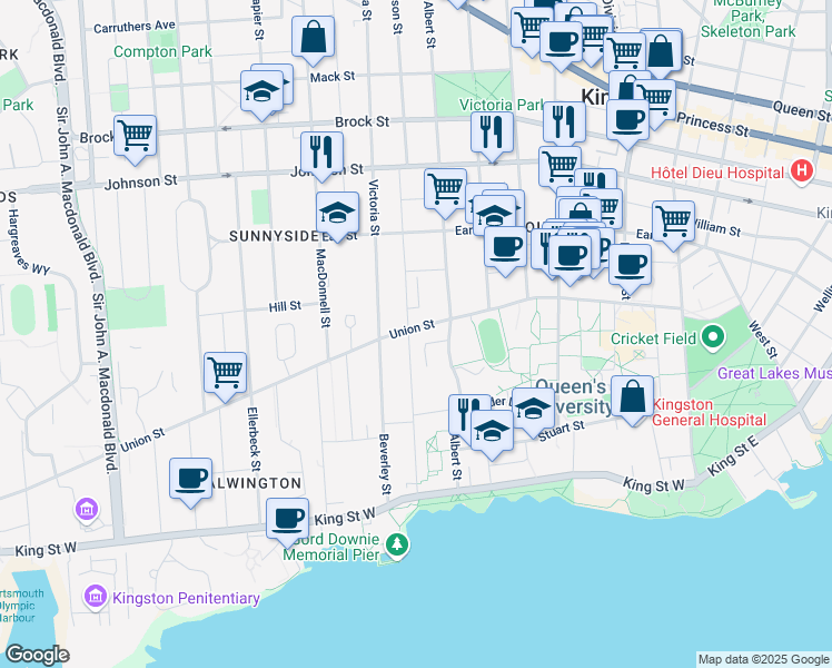 map of restaurants, bars, coffee shops, grocery stores, and more near in Kingston