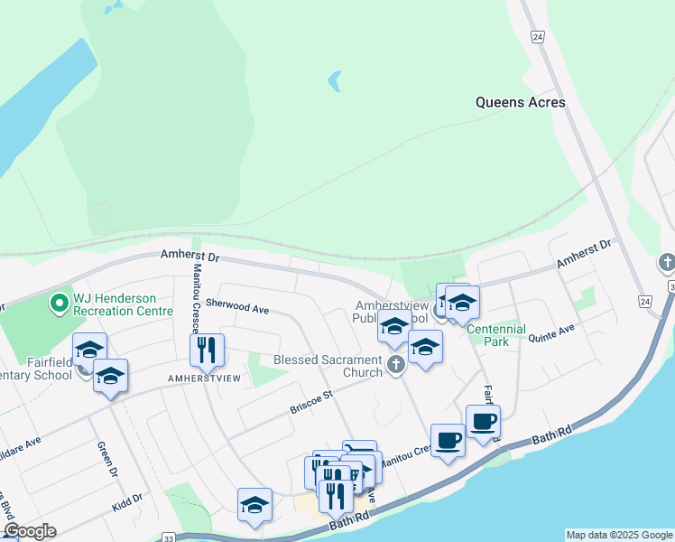 map of restaurants, bars, coffee shops, grocery stores, and more near 111 Amherst Drive in Lennox and Addington County
