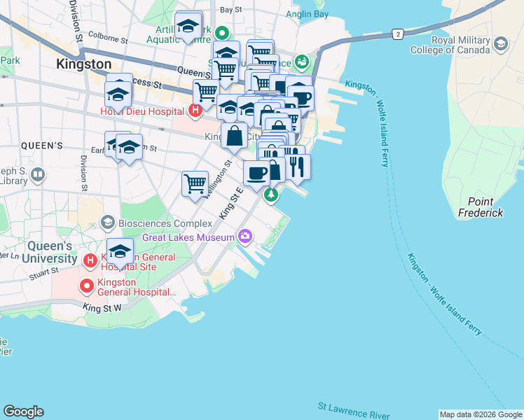 map of restaurants, bars, coffee shops, grocery stores, and more near 135 Ontario Street in Kingston