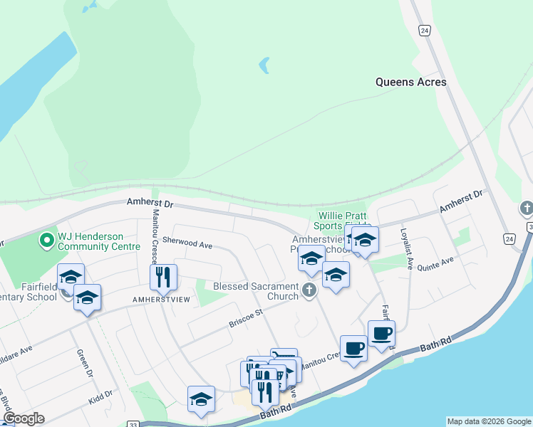 map of restaurants, bars, coffee shops, grocery stores, and more near 111 Amherst Drive in Lennox and Addington County