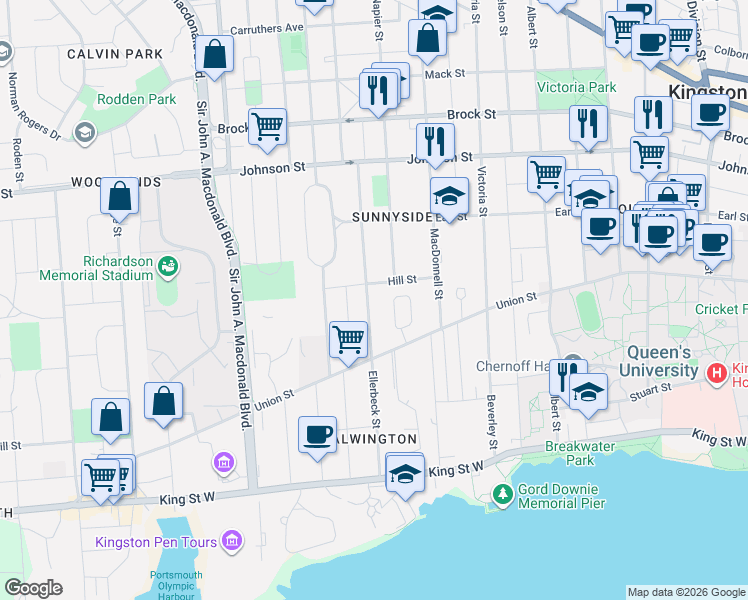 map of restaurants, bars, coffee shops, grocery stores, and more near in Kingston