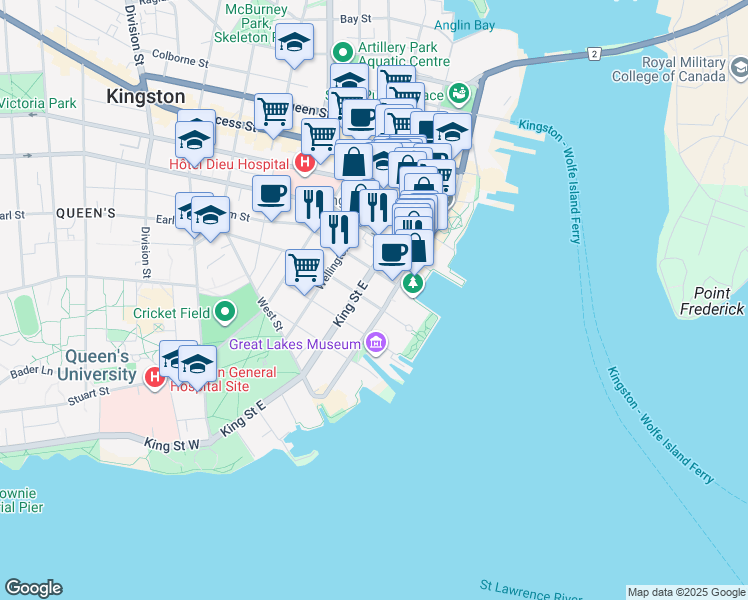 map of restaurants, bars, coffee shops, grocery stores, and more near 21 Earl Street in Kingston
