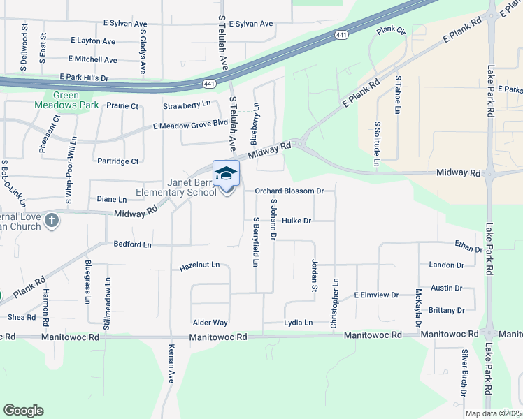map of restaurants, bars, coffee shops, grocery stores, and more near 3610 South Berryfield Lane in Appleton