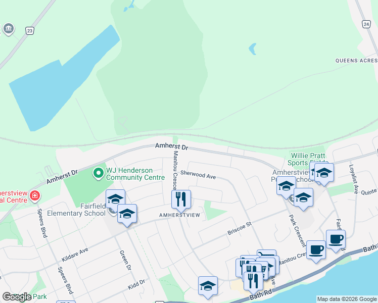 map of restaurants, bars, coffee shops, grocery stores, and more near 214 Amherst Drive in Loyalist