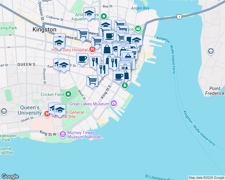 map of restaurants, bars, coffee shops, grocery stores, and more near 23 Earl Street in Kingston