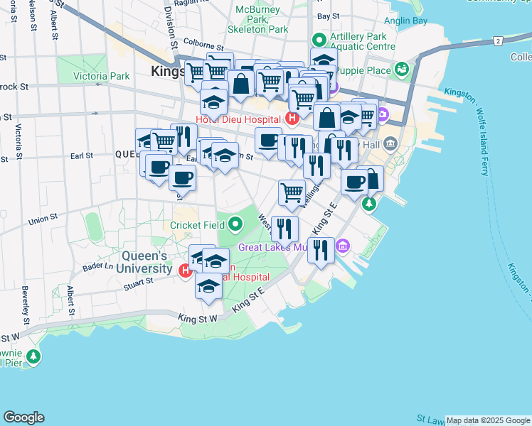 map of restaurants, bars, coffee shops, grocery stores, and more near in Kingston