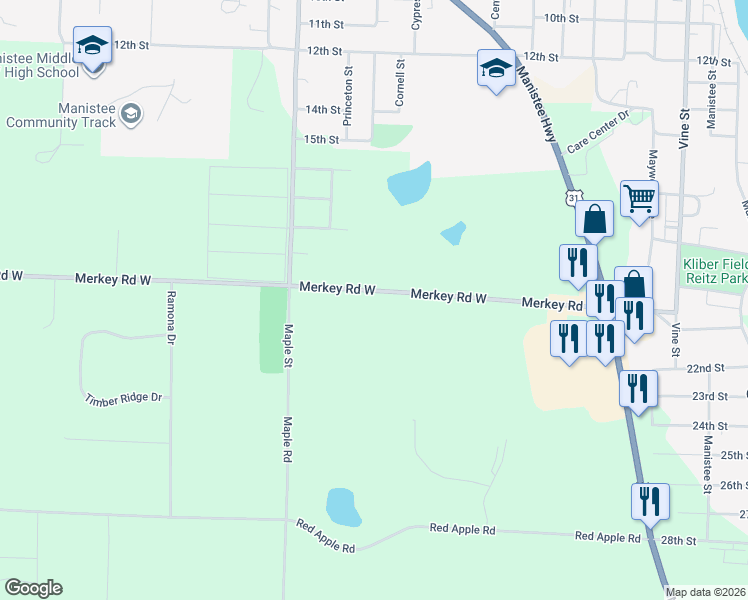 map of restaurants, bars, coffee shops, grocery stores, and more near 721 Merkey Road West in Manistee