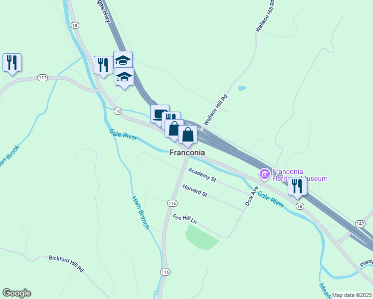 map of restaurants, bars, coffee shops, grocery stores, and more near 149 Main Street in Franconia