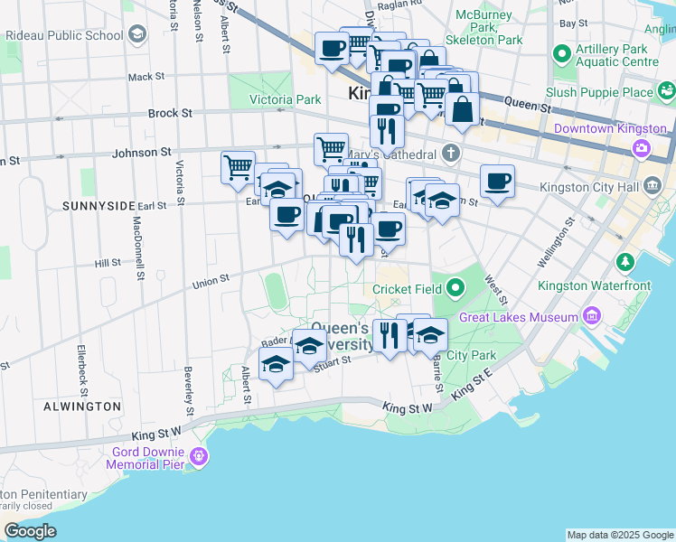 map of restaurants, bars, coffee shops, grocery stores, and more near 101 Union Street in Kingston