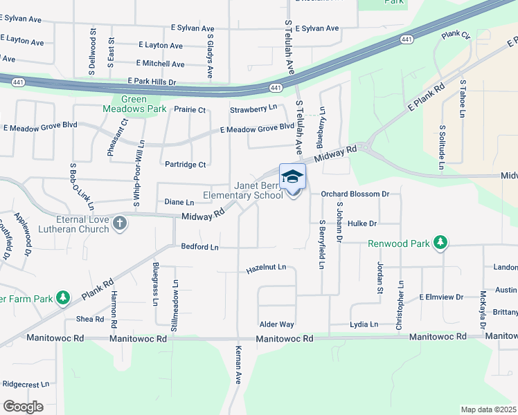 map of restaurants, bars, coffee shops, grocery stores, and more near 3608 South School Avenue in Appleton