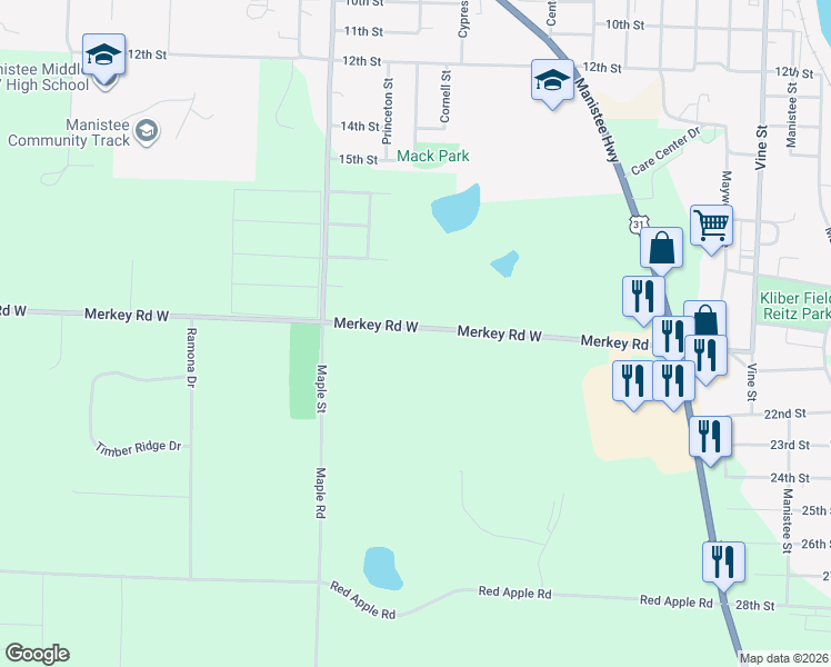 map of restaurants, bars, coffee shops, grocery stores, and more near 721 Merkey Road West in Manistee