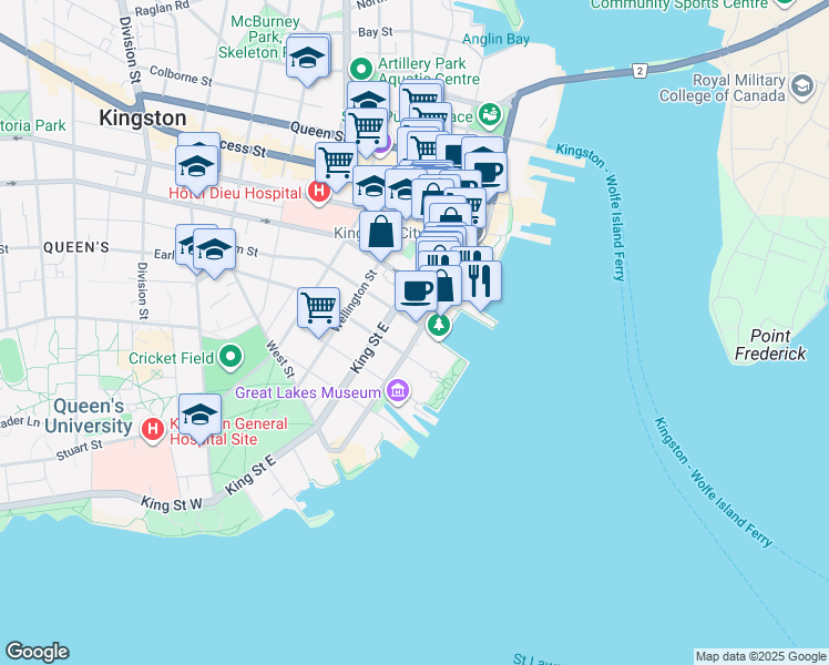 map of restaurants, bars, coffee shops, grocery stores, and more near 136 Ontario Street in Kingston