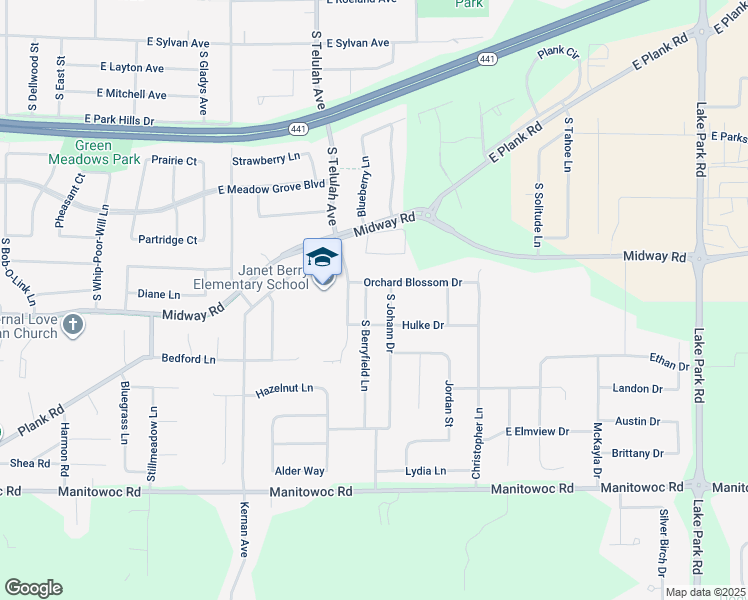 map of restaurants, bars, coffee shops, grocery stores, and more near 3610 South Berryfield Lane in Appleton