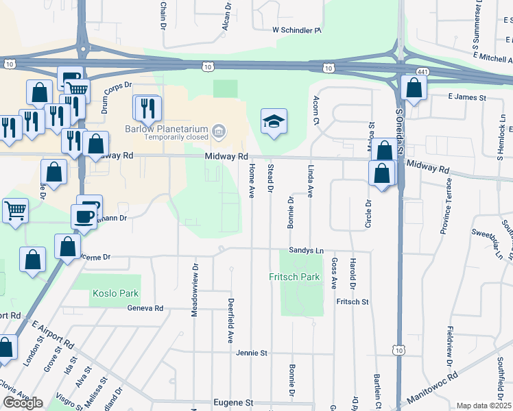 map of restaurants, bars, coffee shops, grocery stores, and more near 1413 Home Avenue in Menasha
