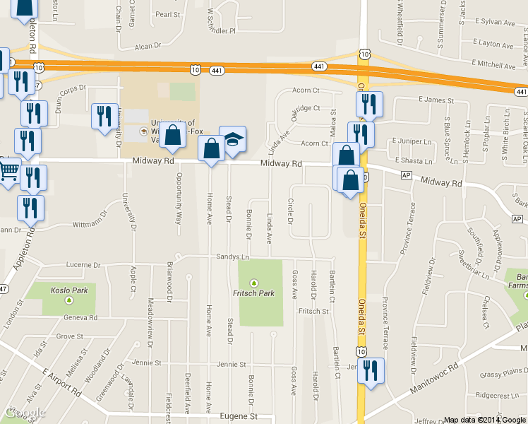 map of restaurants, bars, coffee shops, grocery stores, and more near 1412 Linda Avenue in Menasha