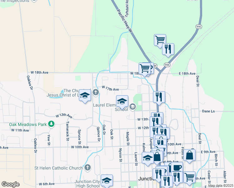 map of restaurants, bars, coffee shops, grocery stores, and more near 955 West 17th Avenue in Junction City