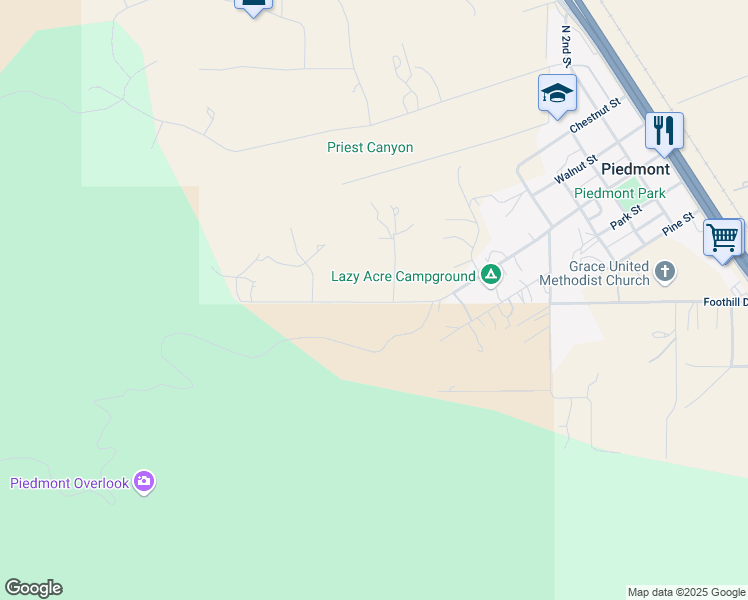 map of restaurants, bars, coffee shops, grocery stores, and more near 14515 Elk Mountian Road in Piedmont