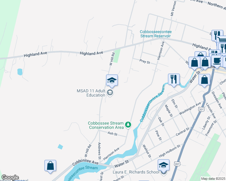 map of restaurants, bars, coffee shops, grocery stores, and more near 40 West Hill Road in Gardiner