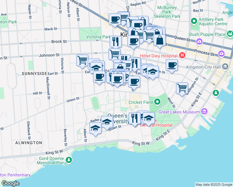 map of restaurants, bars, coffee shops, grocery stores, and more near 101 Union Street West in Kingston