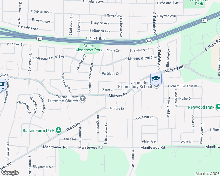 map of restaurants, bars, coffee shops, grocery stores, and more near 37 Diane Lane in Appleton