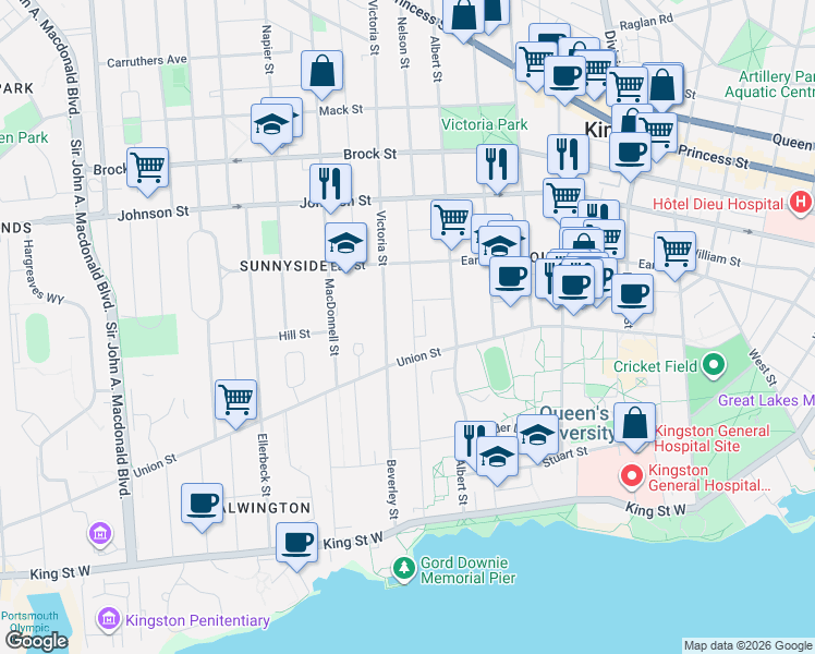 map of restaurants, bars, coffee shops, grocery stores, and more near 204 Collingwood Street in Kingston